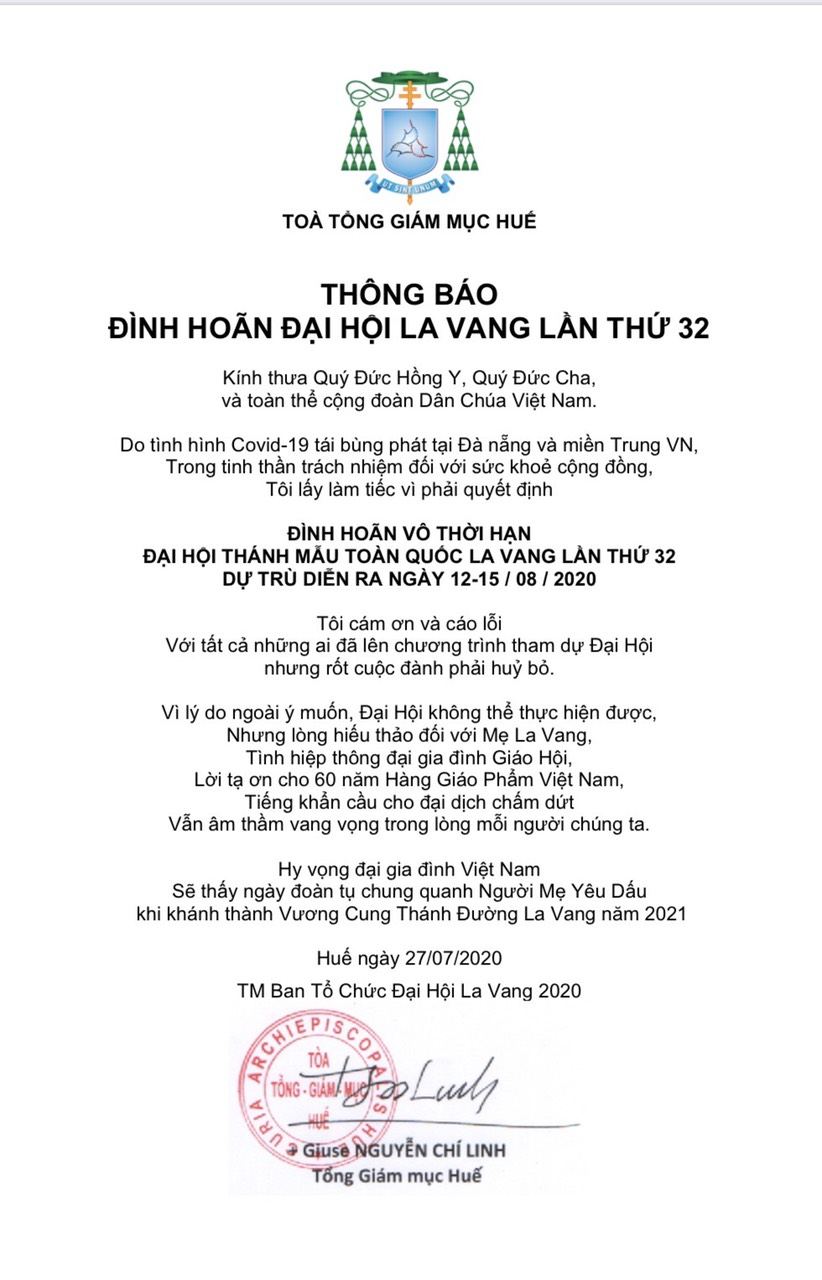 Đình hoãn đại hội Thánh Mẫu La Vang