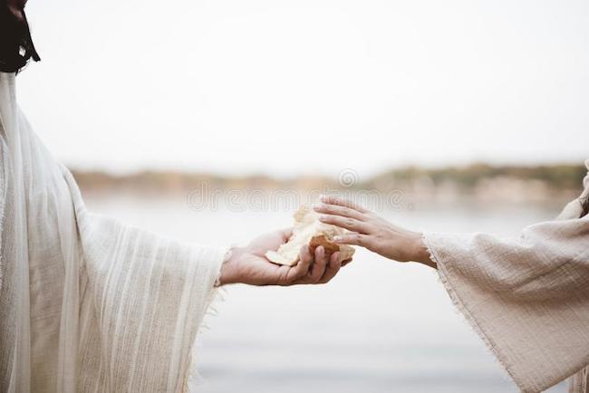 biblical scene jesus christ giving bread to female blurred background biblical scene jesus christ giving bread to 161842310