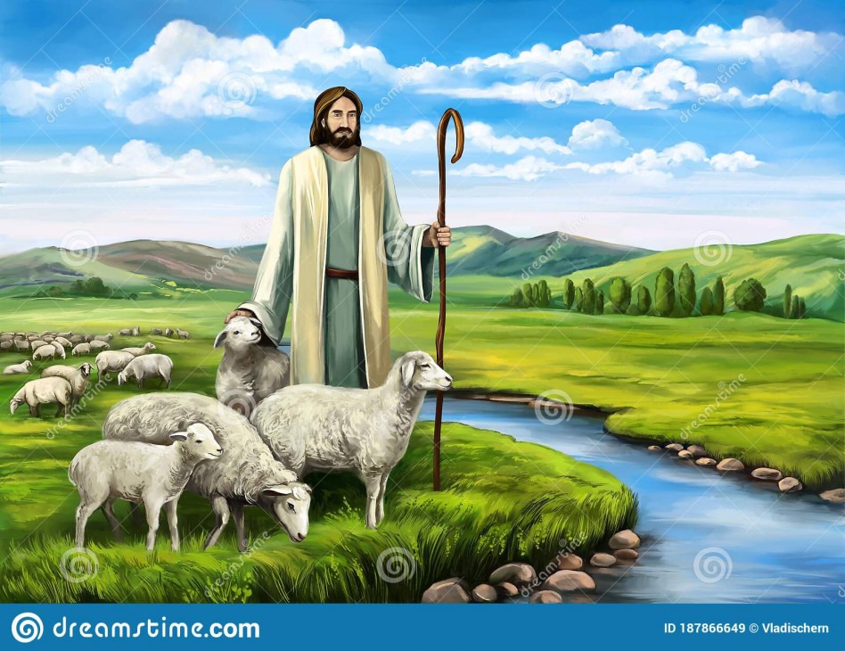 son god lord my shepherd jesus christ flock sheep symbol christianity hand drawn art illustration painted 187866649