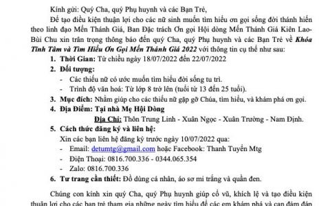Thông báo Khoá Tìm hiểu Ơn gọi