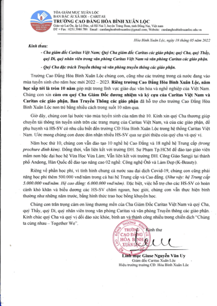 thu tuyen sinh gui quy cha giam doc caritas truyen thong 2022 2023