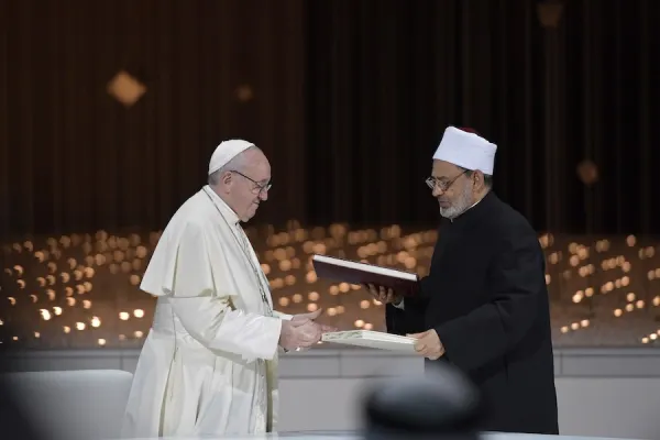 pope francis and ahmed el tayeb grand imam of al azhar signed a joint declaration on human fraternity during an interreligious meeting in abu dhabi uae feb 4 2019 credit vatican media
