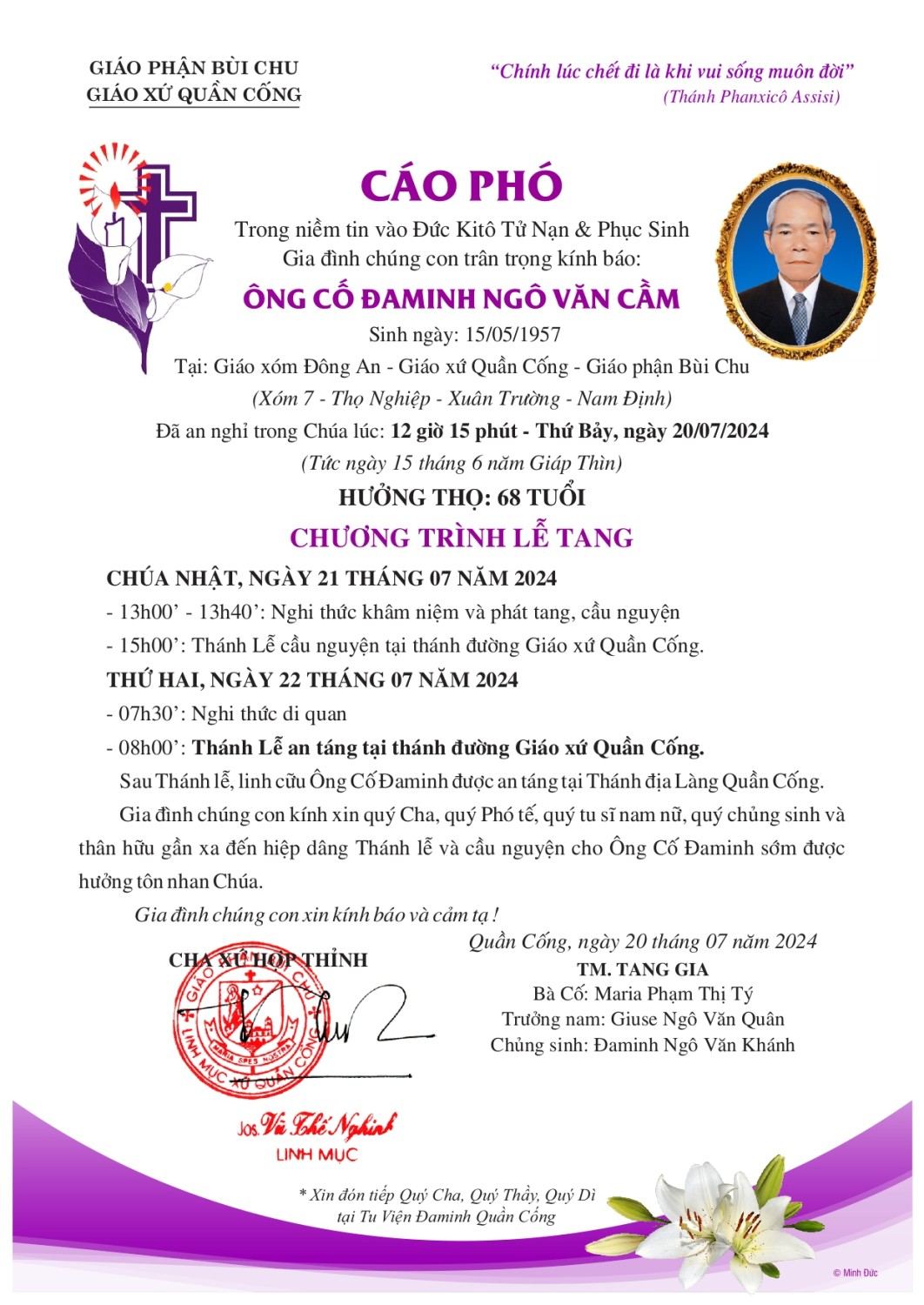 Cáo phó Ông Cố Đaminh Ngô Văn Cầm