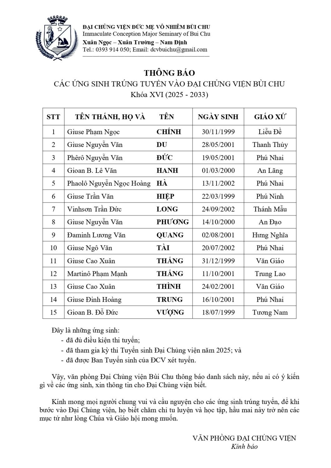 Thông báo trúng tuyển ĐCV Khóa XVI (2025 - 2033)