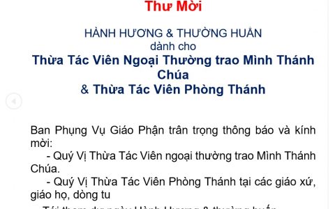 Thư mời hành hương và thường huấn dành cho Thừa tác viên ngoại thường trao Mình Thánh Chúa