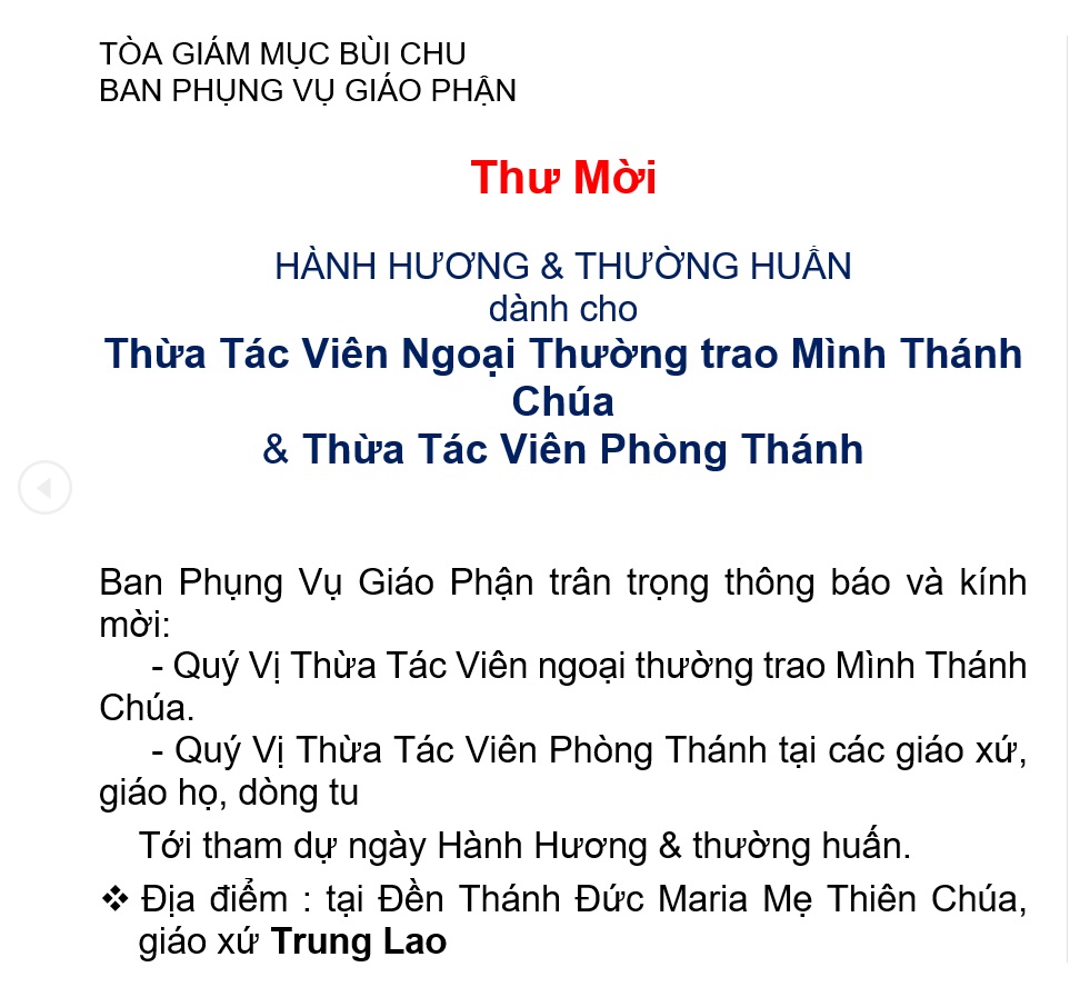 Thư mời hành hương và thường huấn dành cho Thừa tác viên ngoại thường trao Mình Thánh Chúa