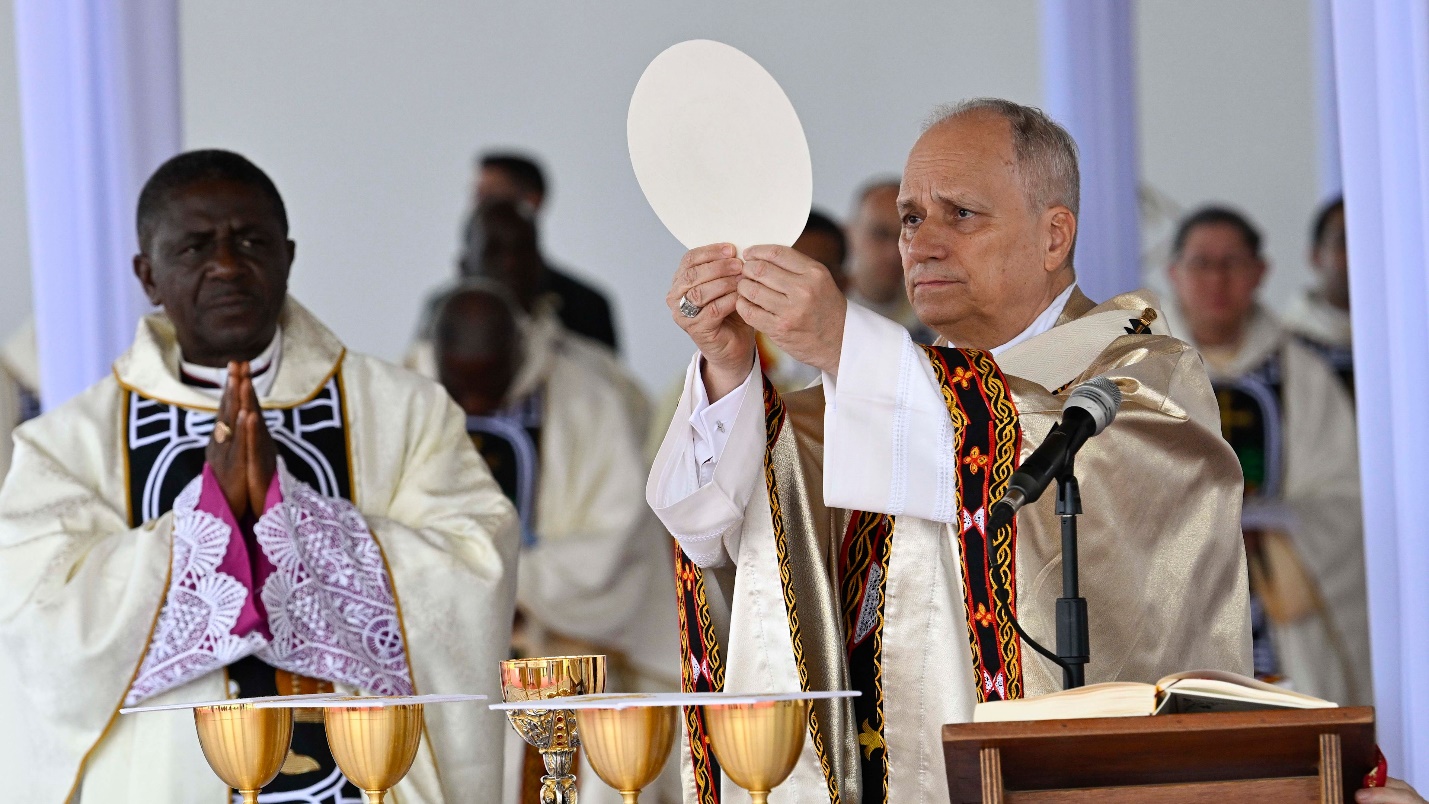 Pope Leo XIV elevates the Eucharist during the papal Mass at Bamenda Airport in Cameroon, Thursday, April 16, 2026. | Credit: Vatican Media