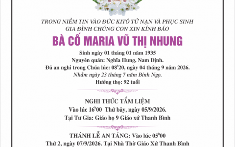Cáo phó thân mẫu Cha Gioan M. Nguyễn Tri Phương