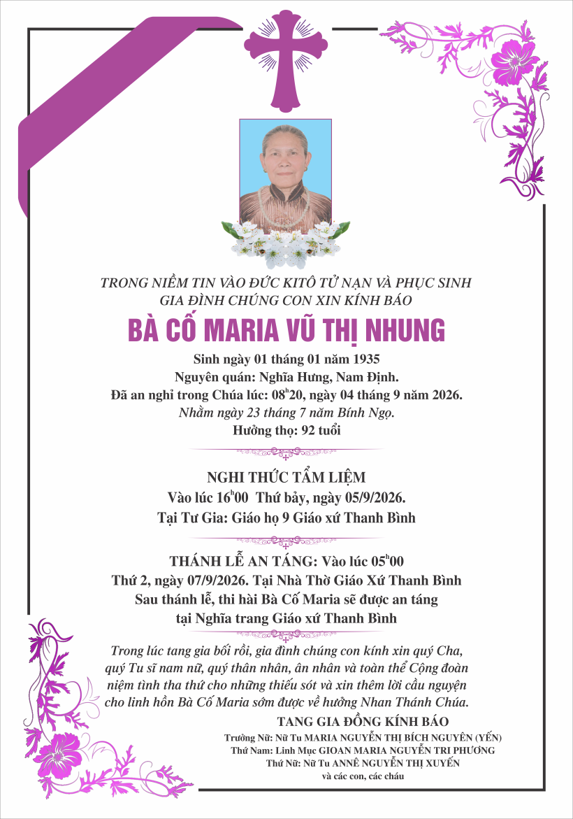 Cáo phó thân mẫu Cha Gioan M. Nguyễn Tri Phương